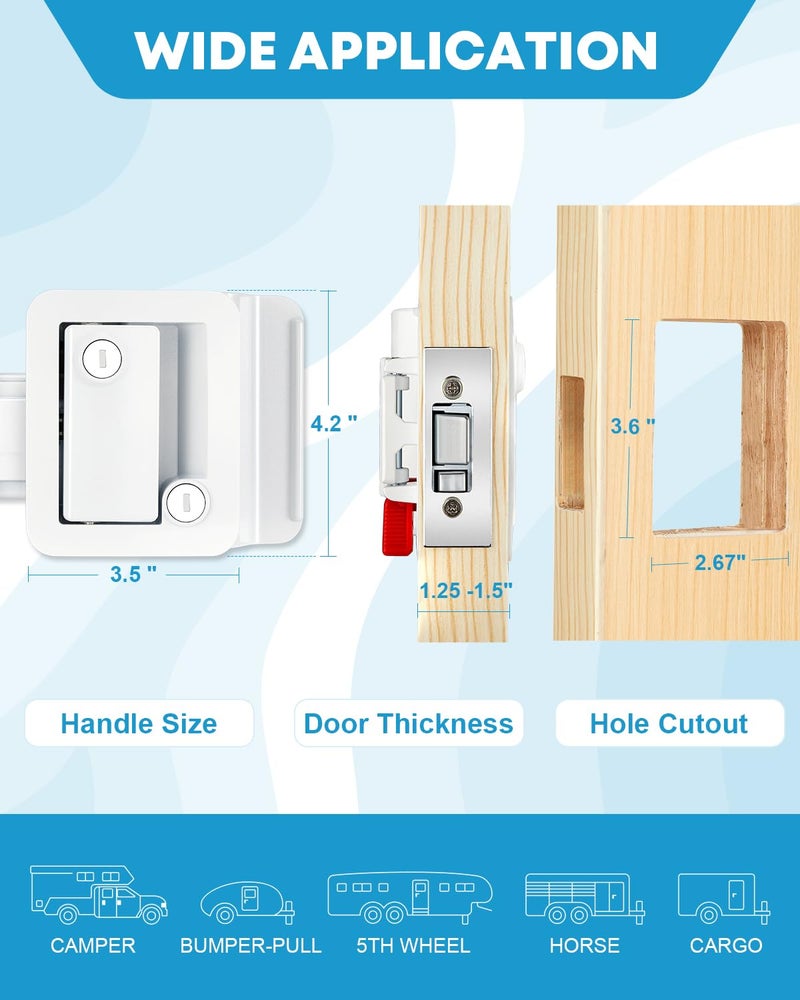 Kohree Upgraded RV Door Lock Replacement with Paddle Deadbolt, Camper Door Handle Latch, 100% Zinc Alloy RV Travel Trailer Entry Door Lock with Keys for Camper Horse Trailer Cargo Hauler, White - Image 4